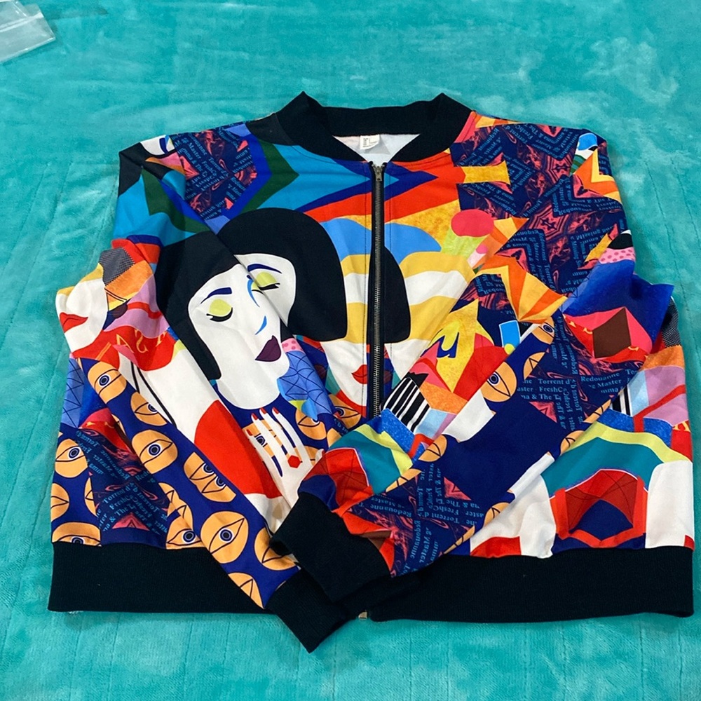 Multicolored Geometric  Abstract Art Beautiful Woman Jacket